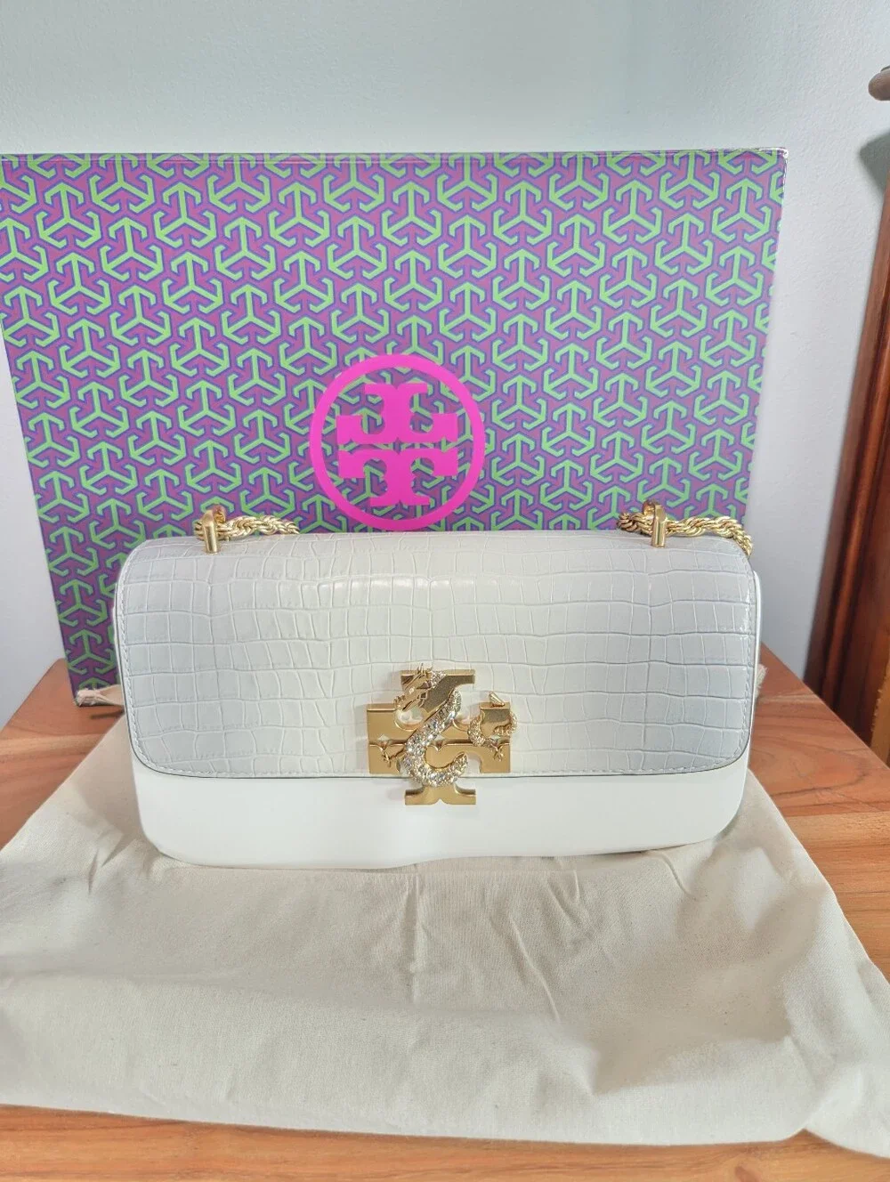 NWT Tory Burch White Croc Embossed Leather Eleanor Dragon Rectangular Bag